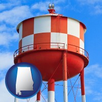 alabama map icon and a water storage tower