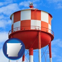 arkansas map icon and a water storage tower