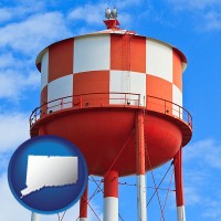 connecticut map icon and a water storage tower