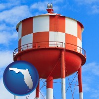 florida map icon and a water storage tower