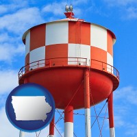 iowa map icon and a water storage tower