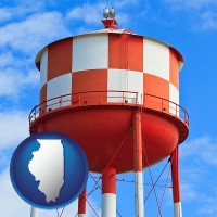 illinois map icon and a water storage tower