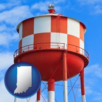 indiana map icon and a water storage tower