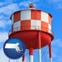 massachusetts map icon and a water storage tower