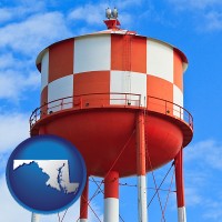 maryland map icon and a water storage tower