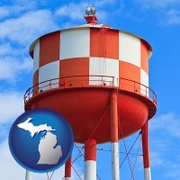 michigan map icon and a water storage tower