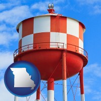 missouri map icon and a water storage tower