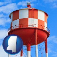 mississippi map icon and a water storage tower