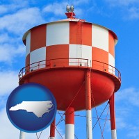 north-carolina map icon and a water storage tower
