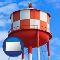north-dakota map icon and a water storage tower