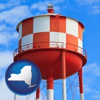 new-york map icon and a water storage tower