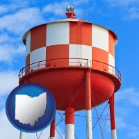 ohio map icon and a water storage tower