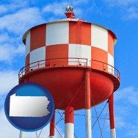 pennsylvania map icon and a water storage tower