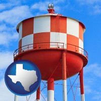 texas map icon and a water storage tower