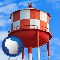 wisconsin map icon and a water storage tower